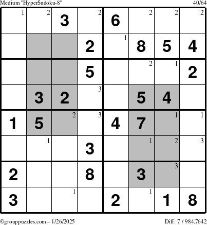 The grouppuzzles.com Medium HyperSudoku-8 puzzle for Sunday January 26, 2025 with the first 3 steps marked