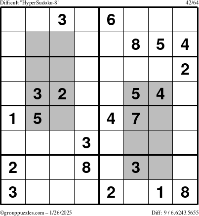 The grouppuzzles.com Difficult HyperSudoku-8 puzzle for Sunday January 26, 2025