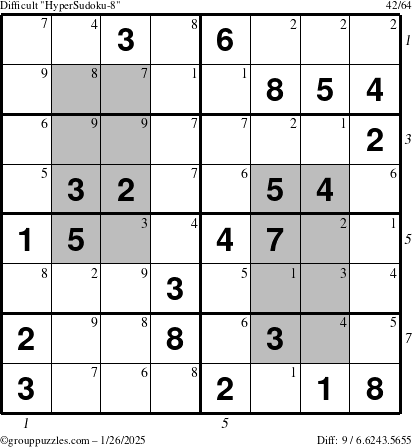 The grouppuzzles.com Difficult HyperSudoku-8 puzzle for Sunday January 26, 2025 with all 9 steps marked