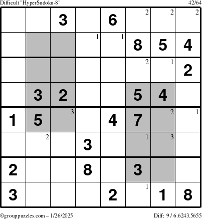 The grouppuzzles.com Difficult HyperSudoku-8 puzzle for Sunday January 26, 2025 with the first 3 steps marked