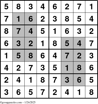 The grouppuzzles.com Answer grid for the HyperSudoku-8 puzzle for Sunday January 26, 2025