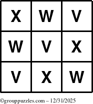 The grouppuzzles.com Answer grid for the TicTac-VWX puzzle for Wednesday December 31, 2025