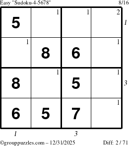 The grouppuzzles.com Easy Sudoku-4-5678 puzzle for Wednesday December 31, 2025, suitable for printing, with all 2 steps marked