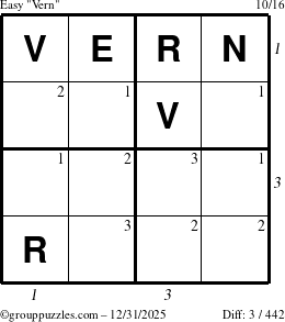 The grouppuzzles.com Easy Vern puzzle for Wednesday December 31, 2025 with all 3 steps marked