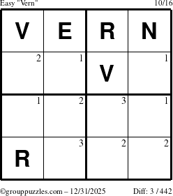 The grouppuzzles.com Easy Vern puzzle for Wednesday December 31, 2025 with the first 3 steps marked