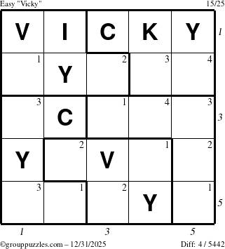 The grouppuzzles.com Easy Vicky puzzle for Wednesday December 31, 2025 with all 4 steps marked