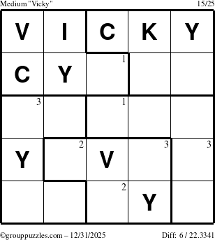 The grouppuzzles.com Medium Vicky puzzle for Wednesday December 31, 2025 with the first 3 steps marked
