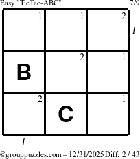 The grouppuzzles.com Easy TicTac-ABC puzzle for Wednesday December 31, 2025, suitable for printing, with all 2 steps marked
