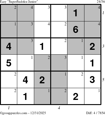 The grouppuzzles.com Easy SuperSudoku-Junior puzzle for Wednesday December 31, 2025 with all 4 steps marked