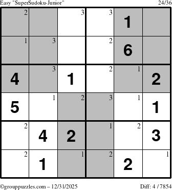 The grouppuzzles.com Easy SuperSudoku-Junior puzzle for Wednesday December 31, 2025 with the first 3 steps marked