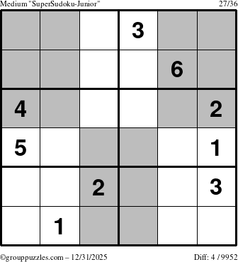 The grouppuzzles.com Medium SuperSudoku-Junior puzzle for Wednesday December 31, 2025