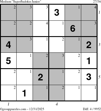 The grouppuzzles.com Medium SuperSudoku-Junior puzzle for Wednesday December 31, 2025 with all 4 steps marked