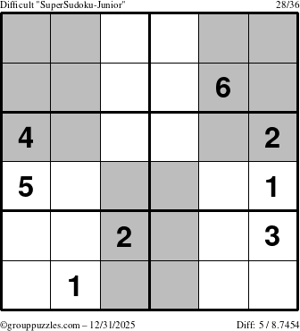 The grouppuzzles.com Difficult SuperSudoku-Junior puzzle for Wednesday December 31, 2025