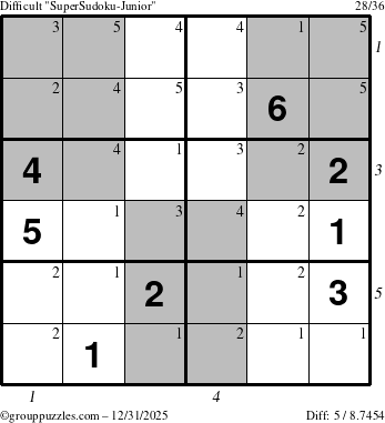 The grouppuzzles.com Difficult SuperSudoku-Junior puzzle for Wednesday December 31, 2025, suitable for printing, with all 5 steps marked