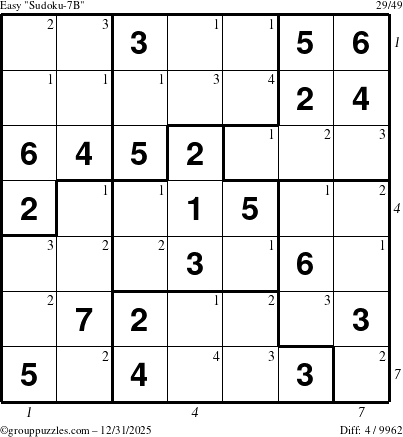 The grouppuzzles.com Easy Sudoku-7B puzzle for Wednesday December 31, 2025, suitable for printing, with all 4 steps marked