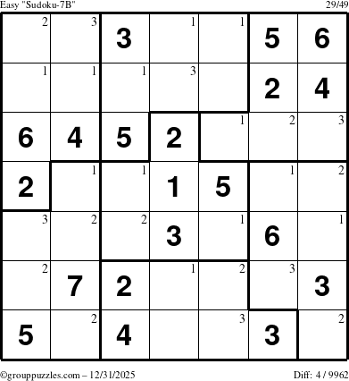 The grouppuzzles.com Easy Sudoku-7B puzzle for Wednesday December 31, 2025 with the first 3 steps marked