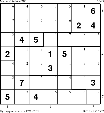 The grouppuzzles.com Medium Sudoku-7B puzzle for Wednesday December 31, 2025, suitable for printing, with all 7 steps marked