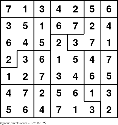 The grouppuzzles.com Answer grid for the Sudoku-7B puzzle for Wednesday December 31, 2025