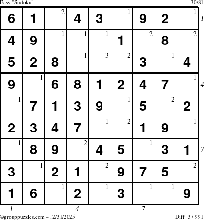 The grouppuzzles.com Easy Sudoku puzzle for Wednesday December 31, 2025, suitable for printing, with all 3 steps marked