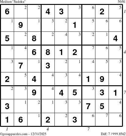 The grouppuzzles.com Medium Sudoku puzzle for Wednesday December 31, 2025, suitable for printing, with all 7 steps marked