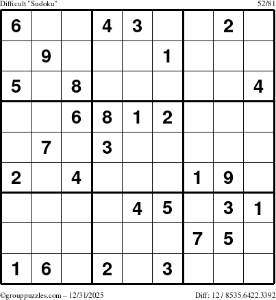 The grouppuzzles.com Difficult Sudoku puzzle for Wednesday December 31, 2025