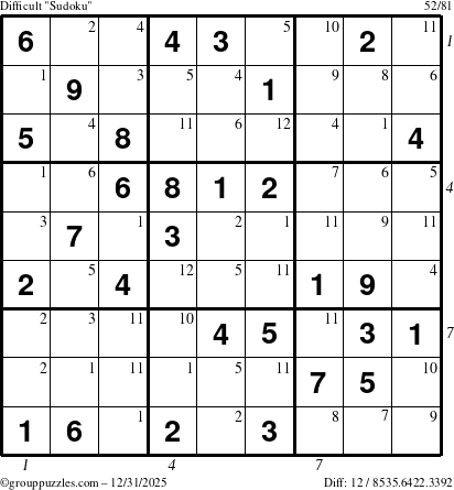 The grouppuzzles.com Difficult Sudoku puzzle for Wednesday December 31, 2025 with all 12 steps marked