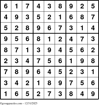 The grouppuzzles.com Answer grid for the Sudoku puzzle for Wednesday December 31, 2025