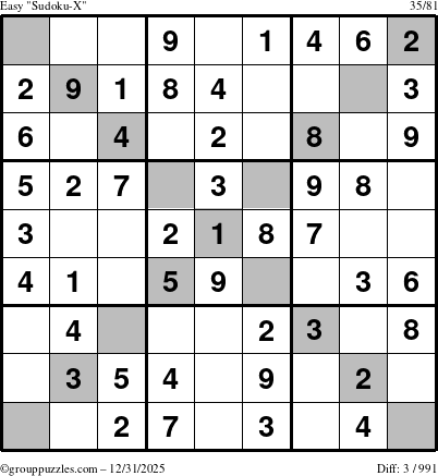The grouppuzzles.com Easy Sudoku-X puzzle for Wednesday December 31, 2025