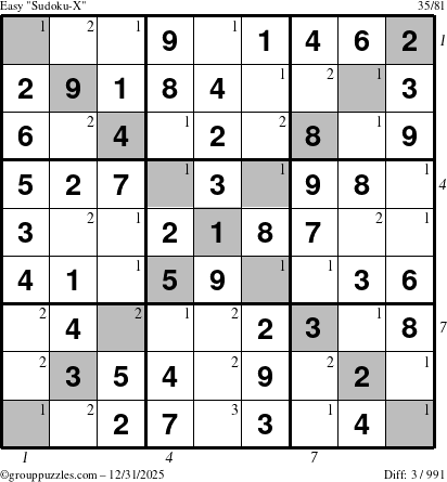The grouppuzzles.com Easy Sudoku-X puzzle for Wednesday December 31, 2025, suitable for printing, with all 3 steps marked