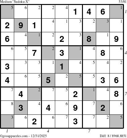 The grouppuzzles.com Medium Sudoku-X puzzle for Wednesday December 31, 2025, suitable for printing, with all 8 steps marked