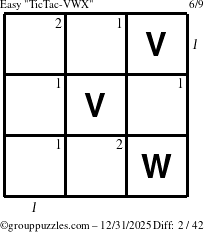 The grouppuzzles.com Easy TicTac-VWX puzzle for Wednesday December 31, 2025, suitable for printing, with all 2 steps marked