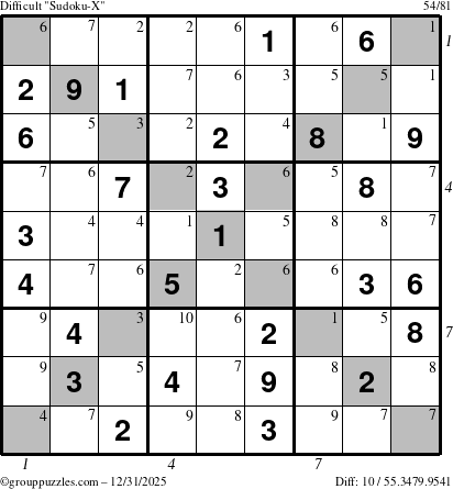 The grouppuzzles.com Difficult Sudoku-X puzzle for Wednesday December 31, 2025, suitable for printing, with all 10 steps marked