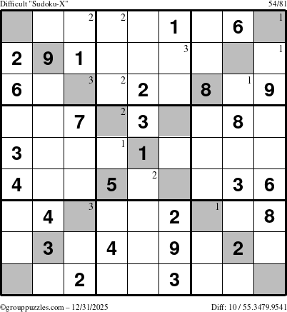 The grouppuzzles.com Difficult Sudoku-X puzzle for Wednesday December 31, 2025 with the first 3 steps marked