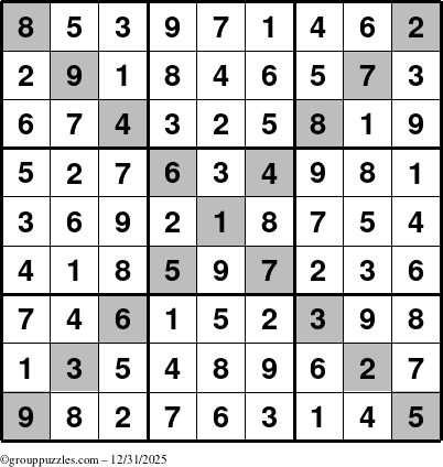 The grouppuzzles.com Answer grid for the Sudoku-X puzzle for Wednesday December 31, 2025