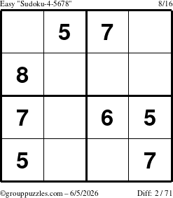 The grouppuzzles.com Easy Sudoku-4-5678 puzzle for Friday June 5, 2026