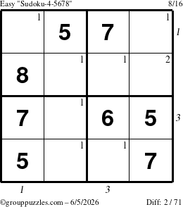The grouppuzzles.com Easy Sudoku-4-5678 puzzle for Friday June 5, 2026 with all 2 steps marked