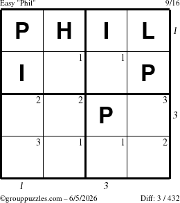 The grouppuzzles.com Easy Phil puzzle for Friday June 5, 2026 with all 3 steps marked