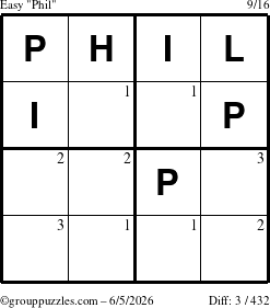 The grouppuzzles.com Easy Phil puzzle for Friday June 5, 2026 with the first 3 steps marked