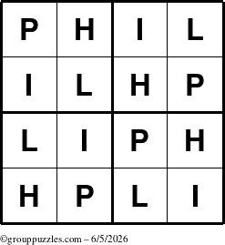 The grouppuzzles.com Answer grid for the Phil puzzle for Friday June 5, 2026