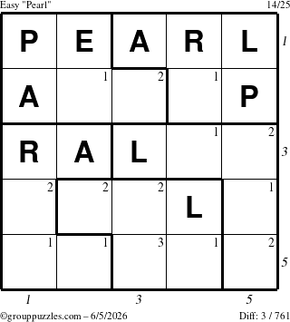 The grouppuzzles.com Easy Pearl puzzle for Friday June 5, 2026, suitable for printing, with all 3 steps marked