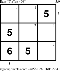 The grouppuzzles.com Easy TicTac-456 puzzle for Friday June 5, 2026, suitable for printing, with all 2 steps marked