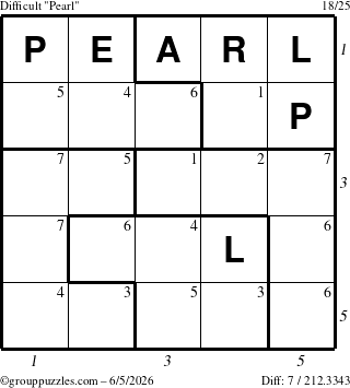The grouppuzzles.com Difficult Pearl puzzle for Friday June 5, 2026, suitable for printing, with all 7 steps marked