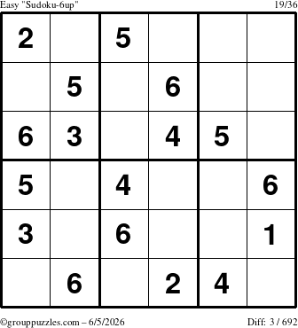 The grouppuzzles.com Easy Sudoku-6up puzzle for Friday June 5, 2026