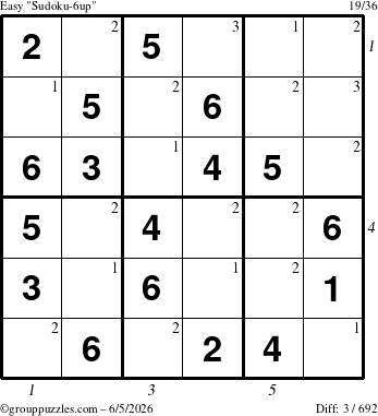 The grouppuzzles.com Easy Sudoku-6up puzzle for Friday June 5, 2026 with all 3 steps marked
