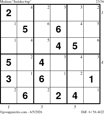The grouppuzzles.com Medium Sudoku-6up puzzle for Friday June 5, 2026 with all 6 steps marked