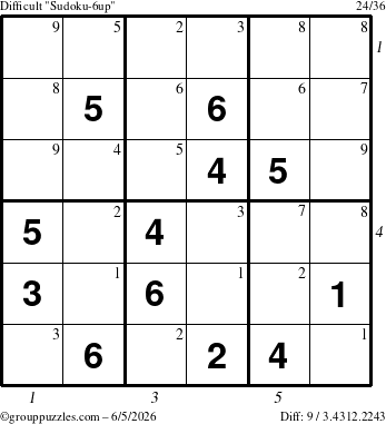 The grouppuzzles.com Difficult Sudoku-6up puzzle for Friday June 5, 2026 with all 9 steps marked