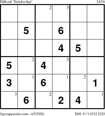 The grouppuzzles.com Difficult Sudoku-6up puzzle for Friday June 5, 2026 with the first 3 steps marked