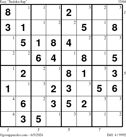 The grouppuzzles.com Easy Sudoku-8up puzzle for Friday June 5, 2026, suitable for printing, with all 4 steps marked