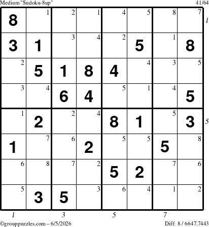 The grouppuzzles.com Medium Sudoku-8up puzzle for Friday June 5, 2026 with all 8 steps marked