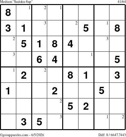 The grouppuzzles.com Medium Sudoku-8up puzzle for Friday June 5, 2026 with the first 3 steps marked
